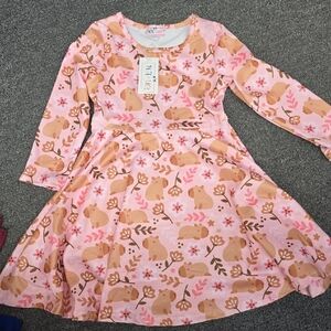 Pink Bear Print Kids Casual Dress